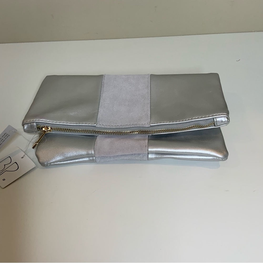 BP Silver Leather & Suede Large magnetic close Foldover Clutch